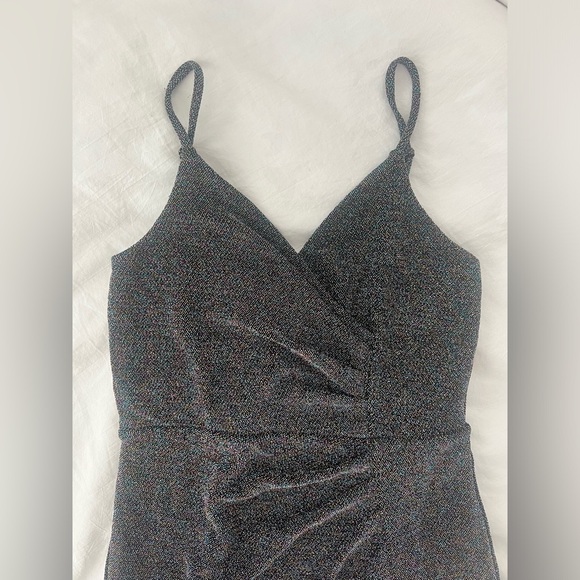 Express Metallic Mini Holiday Glitter Sparkly Shimmer Dress Draped Straps XS - Picture 3 of 4